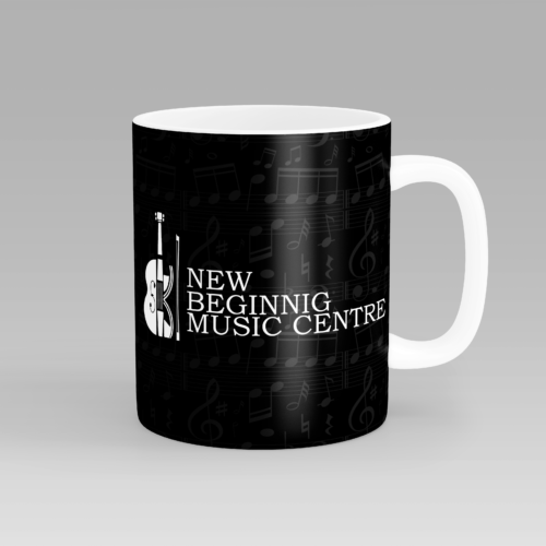 black mug with white brand