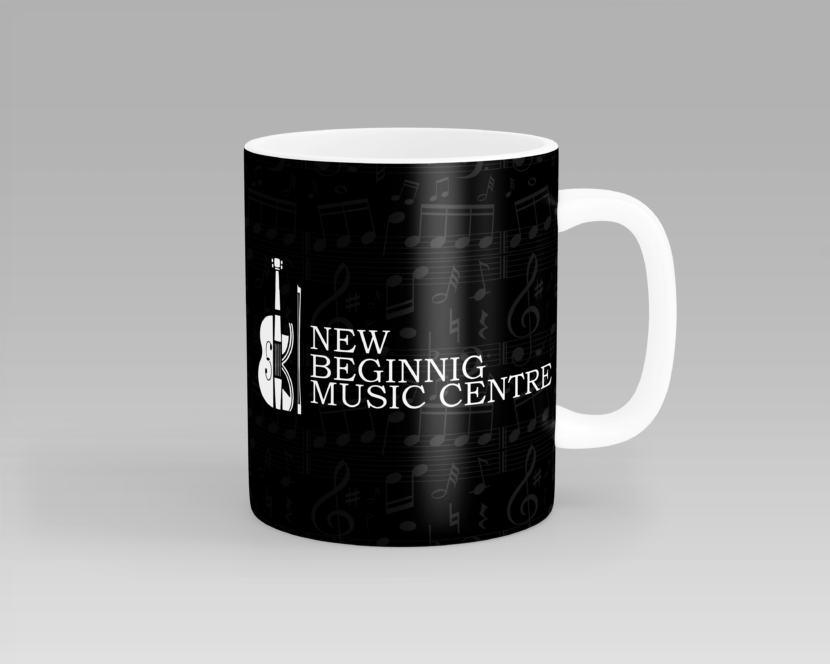 black mug with white brand