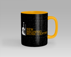 black mug with white and yellow brand